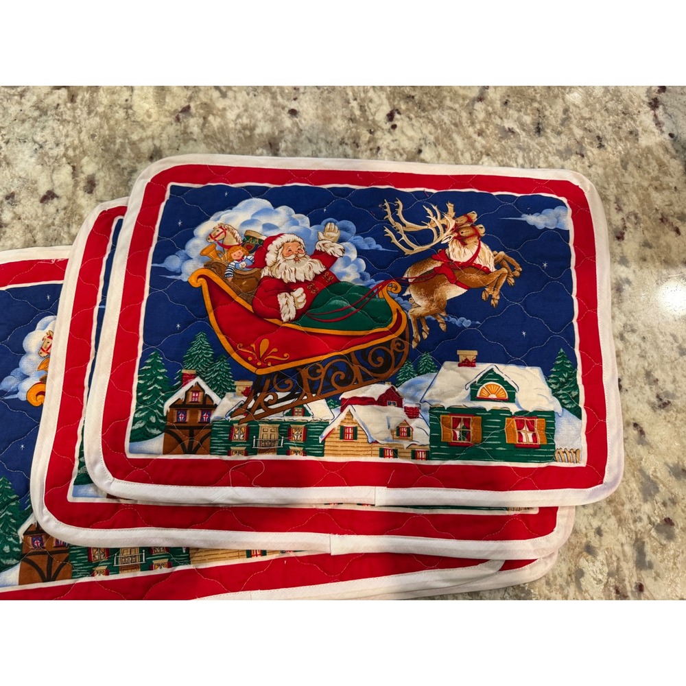 Vintage Christmas Santa Sleigh Reindeer Quilted placemats Set of 4